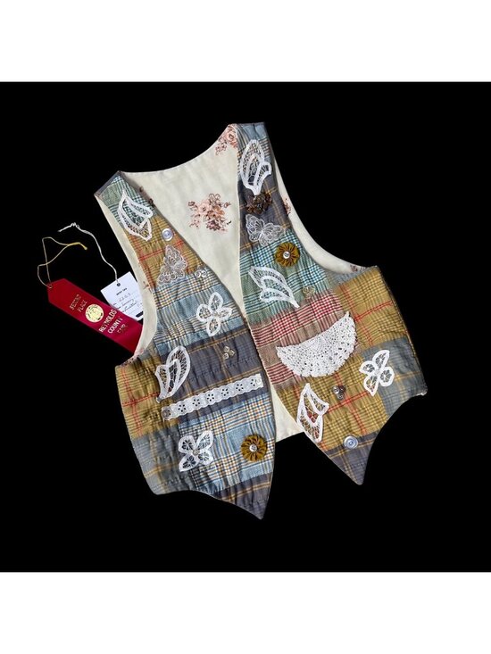 Handmade Tops - Vintage Vest Open Front Handmade Plaid Patchwork Style Cottage Granny Brooch 90s
